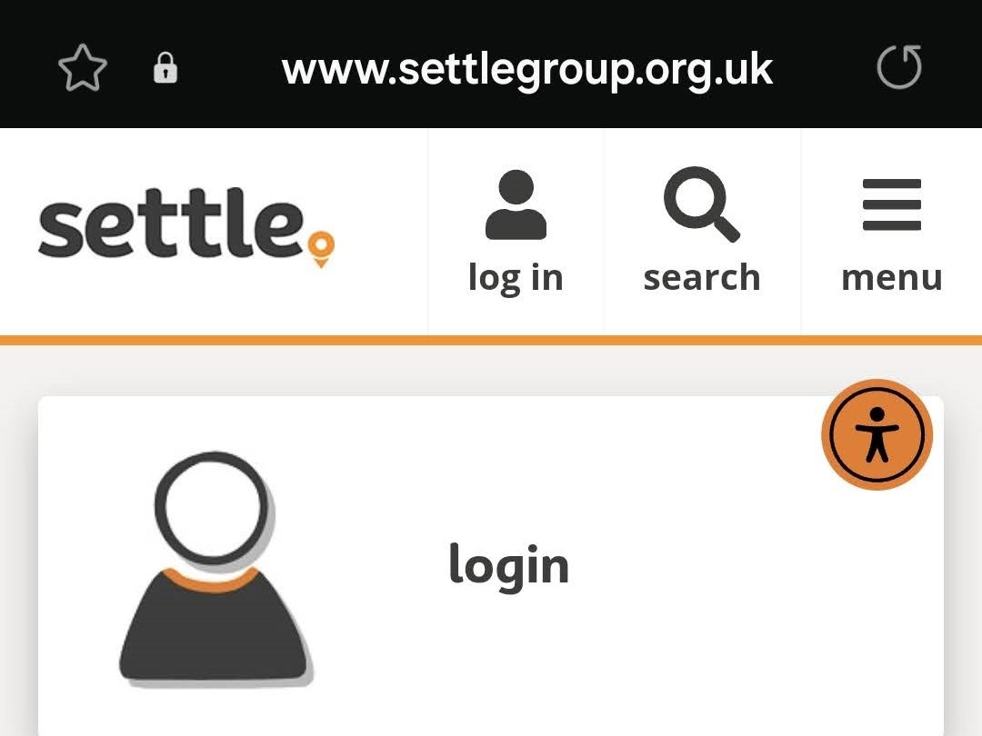 screen shot of settle homepage with userway logo in top right of screen